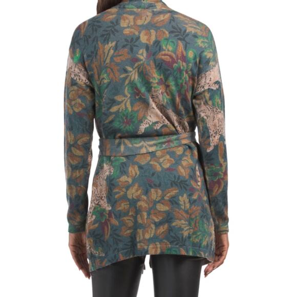 Johnny Was Womens Boho Open Cardigan Medium Wool Cashmere Belted Jungle Leopard - Picture 2 of 7